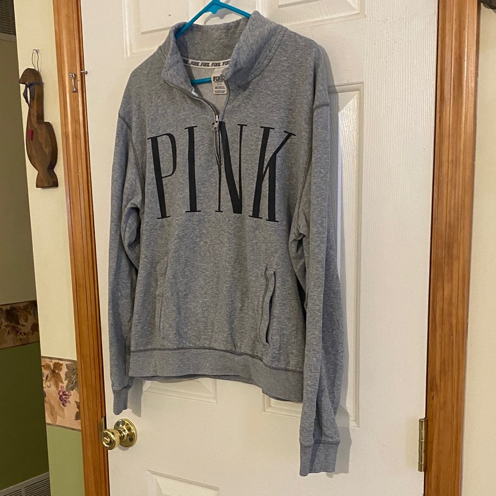PINK Victoria's Secret Light Gray Quarter-Zip Pullover with Black Logo - Picture 4 of 5